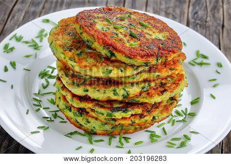 Zucchini Fritters On Plate, Top View