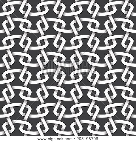 Abstract repeatable pattern background of white twisted bands with black strokes. Swatch of intertwined sinuous bands. Seamless pattern in vintage style.