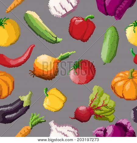 Seamless pattern of vector pixel vegetables on black background