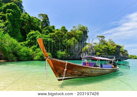 Krabi, Thailand - April 30, 2014 : Long Tail Boat At Koh Pak Bia Island In Krabi Province, Thailand.