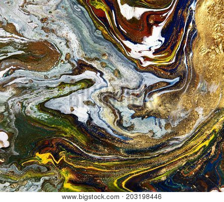 Marbled Abstract Background. Liquid Marble Pattern. Colorful Marble Backdrop. Golden Glitter Texture