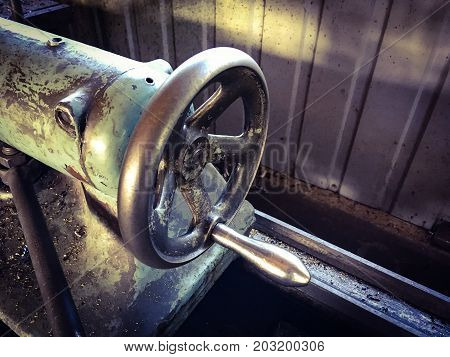 close up photo of metal lathe .