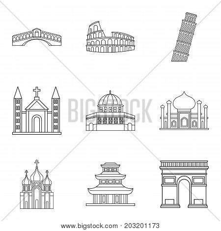 Shrine icons set. Outline set of 9 shrine vector icons for web isolated on white background