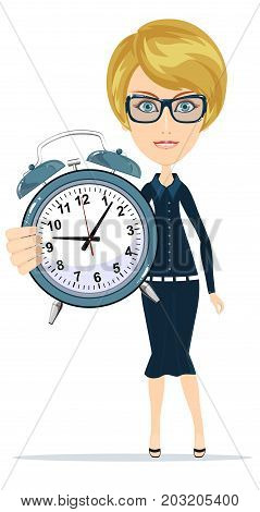 Time management. woman with alarm clock. Young businessman in business concept isolated on white. Stock flat vector illustration.