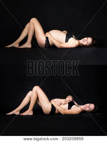 Collage Of Two Pictures, Before And After The Birth Of Newborn Baby Boy