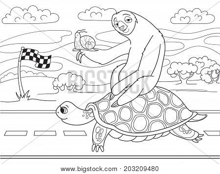 Long Journey, speed. Three friends went on a long trip. Sloth and snail riding a turtle. Vector cartoon coloring book.
