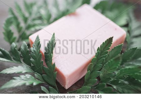 Handmade soap and green leaves on a wooden background