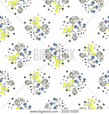 Millefleurs miniature flowers and branches seamless vector pattern. Bright yellow and blue colors repeat nature background for print.