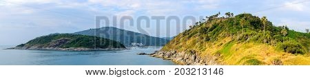 Panoramic View From Phromthep Cape Viewpoint With Sunset Sky In Phuket,thailand.