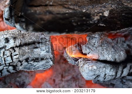 Burnig charcoals and remaining ashes with ember