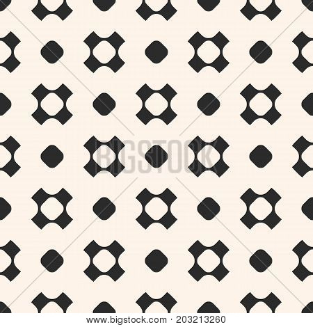 Vector seamless pattern, simple geometric texture with rounded shapes, circles, perforated crosses in staggered array. Stylish abstract minimalist background. Design element for prints, decor, fabric.