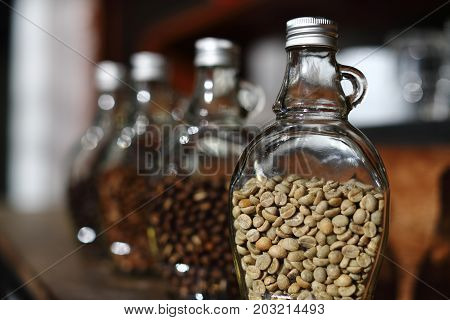 Green beans inside the clear bottle Focus only subject blur backgroundChiangmai Thailand