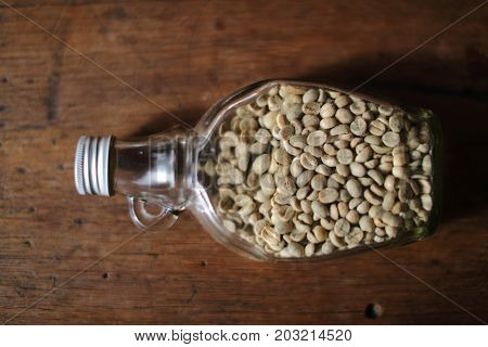 Top view of Green beans inside the clear bottle Focus only subject blur backgroundChiangmai Thailand