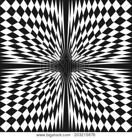 Vector abstract checkered seamless pattern. Distorted surface, optical illusion effect. Black & white geometric texture. Creative monochrome background. Pop art style. Square repeat design element. 3d pattern, ornamental pattern, square pattern.
