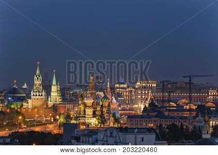 Kremlin, Spassky Towe, Vasilevsky descent and St Basil Cathedral in Moscow, Russia at night