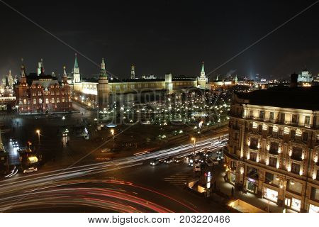 Historical Museum, Kremlin and Manezhnaya Square at night in Moscow, Russia