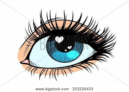 Heart glare in the eye. Female eyes with blue pupil. Pop art retro vector illustration