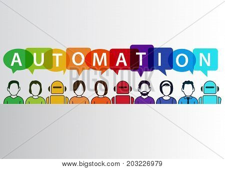 Process automation concept as background. Vector illustration of mixed group of people and machines and robots