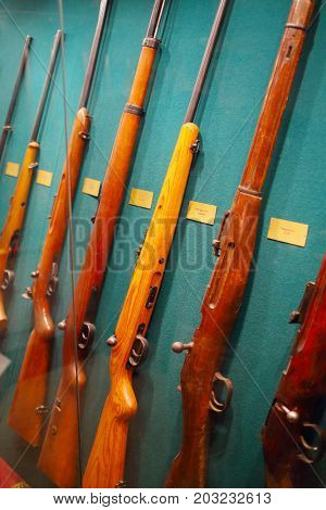 MOSCOW - SEP 22, 2016: Many rifles at museum on Petrovka, 38, Main Department of Moscow Ministry of Internal Affairs
