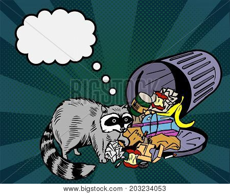 Raccoon eats from the trash and thinks about... A garbage can of street thief and homeless. Comic thinking bubble. Pop art  illustration on an dark background.