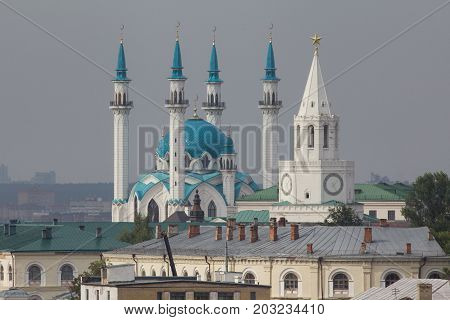 KAZAN, RUSSIA - SEPTEMBER 7, 2017: center of Kazan - kremlin, mosque Kull Shariff - telephoto shot