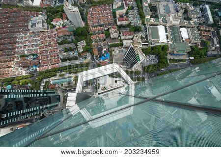 SHANGHAI, CHINA - AUG 18, 2015: (top view) High building Plaza 66, Height with antenna spire - 288.2 m