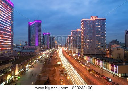 MOSCOW - APR 12, 2015: New Arbat Street at night. Length of New Arbat is 1.5 km