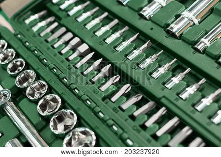 Set of tools for car repair in box, top viewA set of wrenches in a plastic box. A set for car repair. Close-up photo.