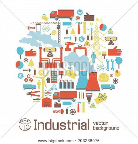 Industrial conceptual background with smoking pipes elevating crane trucks and  engineering tools flat vector illustration
