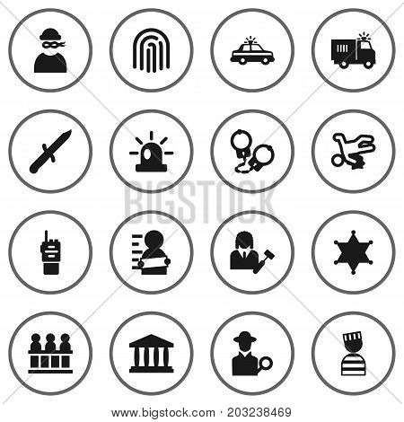 Collection Of Signal, Thumbprint, Manacles And Other Elements.  Set Of 16 Crime Icons Set.