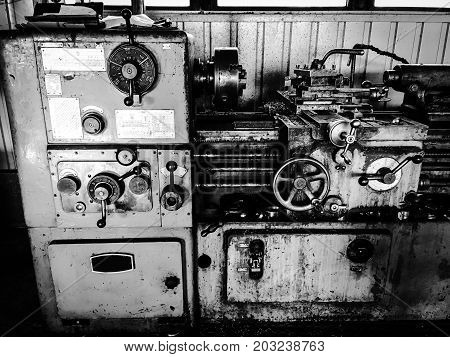 close up photo of metal lathe .