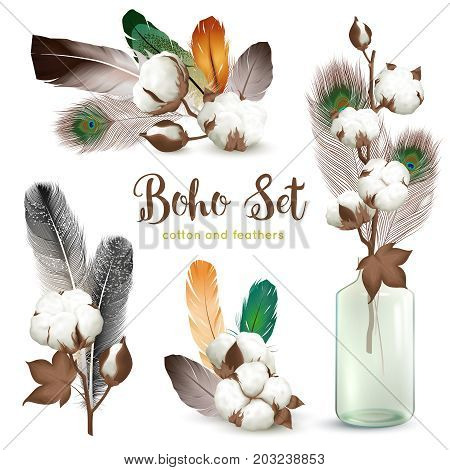 Boho style decorations with ripe cotton plant bolls colorful feathers glass bottle realistic compositions collection vector illustration
