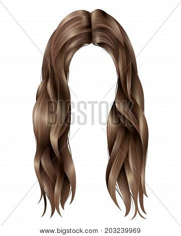 Trendy female dark long hairs with parted in middle, wavy strands on white background isolated vector illustration
