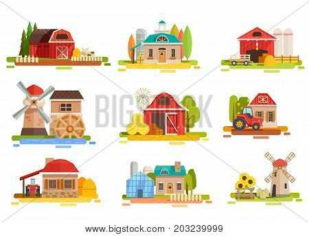 Farm flat collection with doodle style scenery images of mill facilities haymows warehouse and agrimotors vector illustration