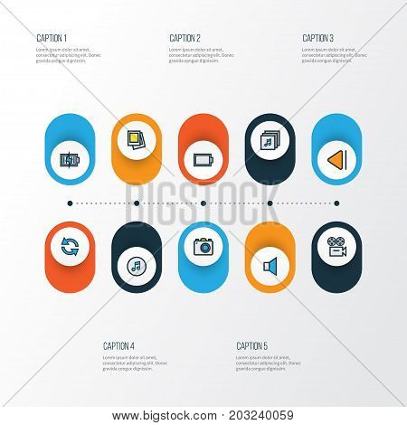 Music Colorful Outline Icons Set. Collection Of Multimedia, Synchronize, Previous And Other Elements