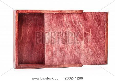 A close-up picture of a wine-colored wooden box isolated on a white background. Opened empty container. A device for delivering of small items. Cargo delivering. Business concept. Copy space.