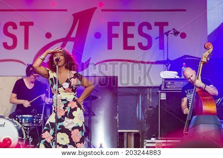Minsk Belarus-August 12 2017: Vocalist and Singer Pat Appleton of World Renowned Jazz Ensemble De-Phazz Performing at A-Fest Music Festival on August 12 2017 in Minsk Republic of Belarus.