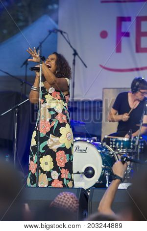 Minsk Belarus-August 12 2017: Vocalist and Singer Pat Appleton of World Renowned Jazz Ensemble De-Phazz Performing at A-Fest Music Festival on August 12 2017 in Minsk Republic of Belarus.