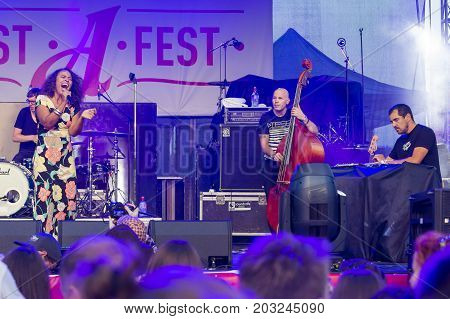 Minsk Belarus-August 12 2017: Vocalist and Singer Pat Appleton of World Renowned Jazz Ensemble De-Phazz Performing at A-Fest Music Festival on August 12 2017 in Minsk Republic of Belarus.