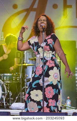Minsk Belarus-August 12 2017: Vocalist and Singer Pat Appleton of World Renowned Jazz Ensemble De-Phazz Performing at A-Fest Music Festival on August 12 2017 in Minsk Republic of Belarus.