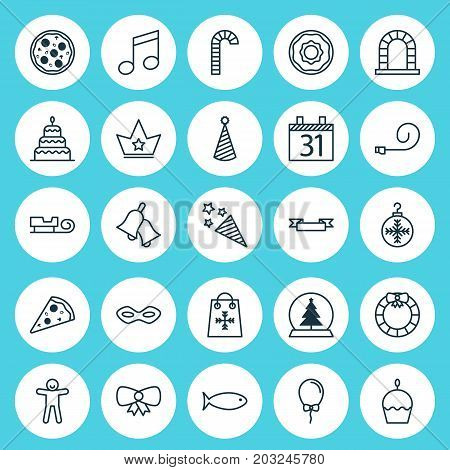 Year Icons Set. Collection Of Celebrate Whistle, Tree Toy, Ringer And Other Elements