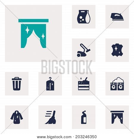 Collection Of Dry, Detergent, Hoover And Other Elements.  Set Of 12 Cleaning Icons Set.