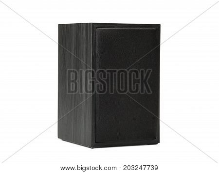 A close-up picture of a black vintage loudspeaker isolated on a white background. Audio equipment for sound quality. Entertainment, technology, music concept.