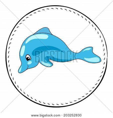 Dolphin isolated on white background. Friendly dolphin cartoon vector illustration. Underwater animal handdrawn patch. Sea animal drawing. Dolphin animal clipart. Marine fauna character. Dolphin icon