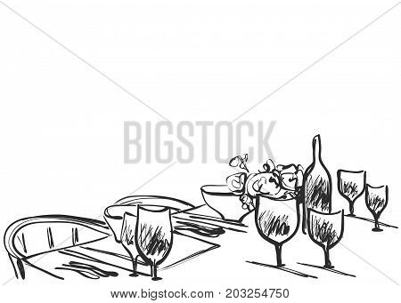 Hand Drawn wares sketch. Romantic dinner for two. Furniture