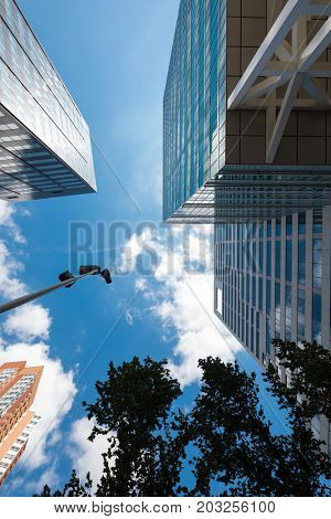 urban landscape seen from below in the skyscrapers