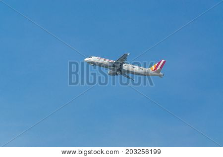 Duesseldorf Nrw Germany - March 18 2015: German Wings Airbus A320-200 during startup on the Duesseldorf airport.