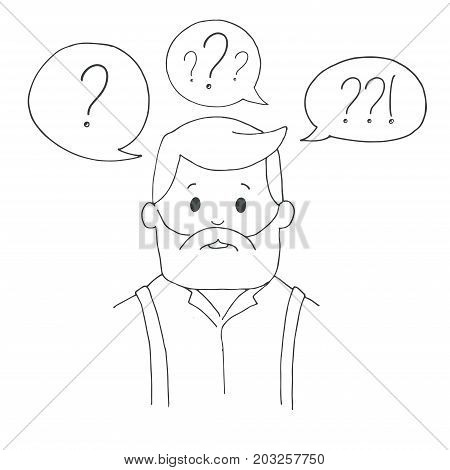 An elderly man with a beard. Speech balloons with a question mark. Vector illustration in a sketch style.