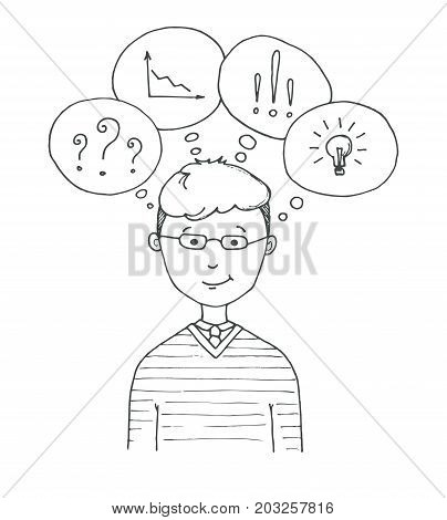 Young man with glasses. The guy with speech balloons with different symbols question mark graph bulb exclamation mark . Vector illustration in a sketch style.