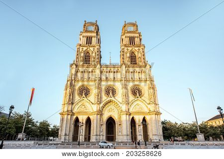 View on the saint Croix cathedral in Orleans city during the sunset in central France